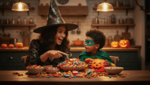 Mother and Child Checking Halloween Candy